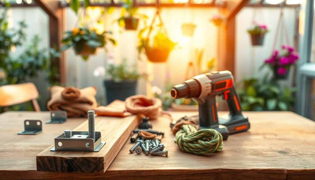 A beautifully arranged DIY hanging plant beam workspace featuring essential materials and tools. In the foreground, show a wooden beam with a rich, natural grain, along with metal brackets, screws, and colorful ropes neatly organized. The middle ground should include a pair of sturdy, well-worn work gloves and a compact power drill, emphasizing hands-on craftsmanship. In the background, softly illuminated by warm, natural sunlight filtering through greenery, display a cozy outdoor garden setting with hanging plants and flowers in soft focus. The scene conveys a cheerful, creative atmosphere, inviting viewers to envision their own DIY project. Use a shallow depth of field to keep the focus sharp on the materials, enhancing the inviting, airy vibe of the workspace.