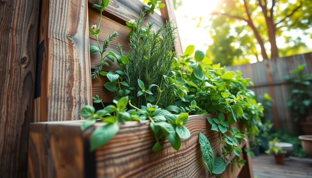 A beautifully arranged DIY pallet herb garden, showcasing a vertical planter made from reclaimed wood, filled with vibrant herbs like basil, rosemary, and mint. In the foreground, the rich texture of the weathered wood is highlighted, emphasizing the rustic charm. The middle ground features the lush greenery of the herbs, presenting various shades of green with small flowers blooming among them. In the background, a sunlit backyard scene unfolds, with soft sunlight filtering through leafy trees, creating a warm and inviting atmosphere. The angle captures the garden at eye level, enhancing the details of the plants while providing a serene, homely feel, perfect for small space gardening. The image should evoke creativity and inspiration for DIY projects. A beautifully arranged DIY pallet herb garden, showcasing a vertical planter made from reclaimed wood, filled with vibrant herbs like basil, rosemary, and mint. In the foreground, the rich texture of the weathered wood is highlighted, emphasizing the rustic charm. The middle ground features the lush greenery of the herbs, presenting various shades of green with small flowers blooming among them. In the background, a sunlit backyard scene unfolds, with soft sunlight filtering through leafy trees, creating a warm and inviting atmosphere. The angle captures the garden at eye level, enhancing the details of the plants while providing a serene, homely feel, perfect for small space gardening. The image should evoke creativity and inspiration for DIY projects.
