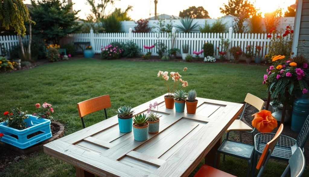 A beautifully arranged backyard scene featuring a garden table creatively constructed from repurposed household items. In the foreground, a table made from an old wooden door, adorned with potted succulents and a small vase of wildflowers. Surrounding the table, mismatched chairs made from colorful plastic crates and vintage metal seats invite relaxation. The middle ground showcases a lush green lawn and various flowering plants in bloom, enhancing the vibrant atmosphere. In the background, a white picket fence under the soft glow of early evening sunlight adds warmth to the setting. Capture the image with a wide-angle lens, highlighting the table’s uniqueness while maintaining a light, airy feel. The overall mood should convey a sense of creativity and cozy outdoor living. A beautifully arranged backyard scene featuring a garden table creatively constructed from repurposed household items. In the foreground, a table made from an old wooden door, adorned with potted succulents and a small vase of wildflowers. Surrounding the table, mismatched chairs made from colorful plastic crates and vintage metal seats invite relaxation. The middle ground showcases a lush green lawn and various flowering plants in bloom, enhancing the vibrant atmosphere. In the background, a white picket fence under the soft glow of early evening sunlight adds warmth to the setting. Capture the image with a wide-angle lens, highlighting the table’s uniqueness while maintaining a light, airy feel. The overall mood should convey a sense of creativity and cozy outdoor living.