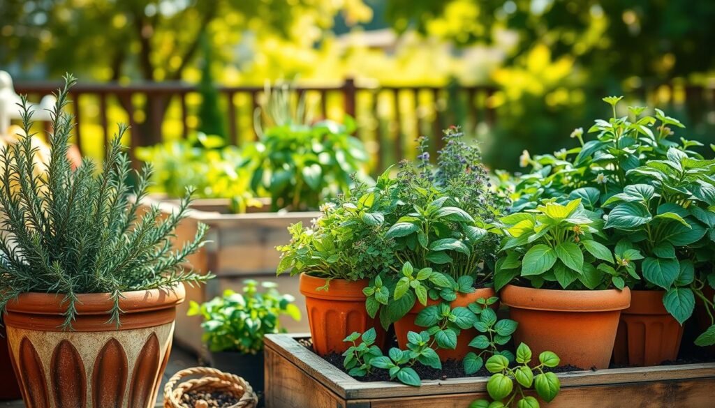 A beautifully arranged collection of potted herbs that thrive together, set in a bright, airy outdoor space. In the foreground, vibrant rosemary, basil, and thyme plants spill over their rustic terracotta pots, showcasing lush green leaves and delicate flowers. The middle ground features a wooden raised planter box filled with rich soil, accentuating the herbs' natural colors. In the background, a sunny garden scene unfolds, with soft sunlight filtering through leafy trees, creating dappled shadows. The atmosphere is inviting and serene, perfect for a backyard gardening vibe. The lens captures this scene with a soft focus, emphasizing the lushness and freshness of the herbs, inviting viewers to consider starting their own herb garden. A beautifully arranged collection of potted herbs that thrive together, set in a bright, airy outdoor space. In the foreground, vibrant rosemary, basil, and thyme plants spill over their rustic terracotta pots, showcasing lush green leaves and delicate flowers. The middle ground features a wooden raised planter box filled with rich soil, accentuating the herbs' natural colors. In the background, a sunny garden scene unfolds, with soft sunlight filtering through leafy trees, creating dappled shadows. The atmosphere is inviting and serene, perfect for a backyard gardening vibe. The lens captures this scene with a soft focus, emphasizing the lushness and freshness of the herbs, inviting viewers to consider starting their own herb garden.