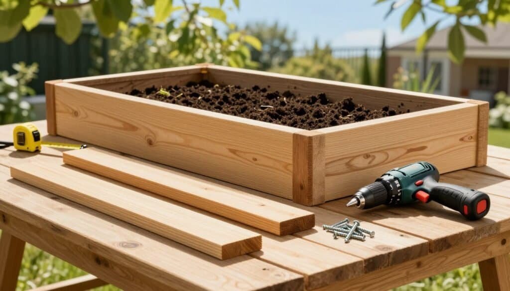 A beautifully arranged collection of raised garden bed frame materials on a wooden workbench in a well-lit backyard setting. In the foreground, there are sturdy wooden planks of various sizes, a measuring tape, a power drill, and galvanized screws, all showcasing the essential tools for constructing the frame. In the middle, a partially assembled garden bed is displayed with rich, dark soil, ready for planting vegetables. The background features vibrant greenery, sunlight filtering through leaves, and a clear blue sky, creating an inviting and tranquil atmosphere. The image should capture the warmth of natural light, highlighting the textures of the wood and tools, while maintaining a clean, organized aesthetic to inspire DIY enthusiasts.