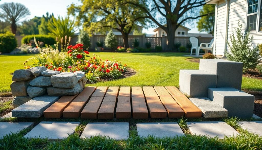 A beautifully arranged display of various durable garden step materials in a well-lit outdoor setting. In the foreground, showcase an assortment of stones, treated wood planks, and concrete squares, meticulously arranged to simulate a garden step platform. The middle ground features a lush, green garden with vibrant flowers and a soft, manicured lawn, enhancing the natural appeal of the materials. The background reveals a peaceful backyard scene with trees and a clear blue sky, bathed in soft sunlight. Use a wide-angle lens to capture the entire scene, ensuring the textures of the materials are highlighted. The overall mood is serene and inviting, ideal for gardening enthusiasts seeking inspiration for building their own garden steps.