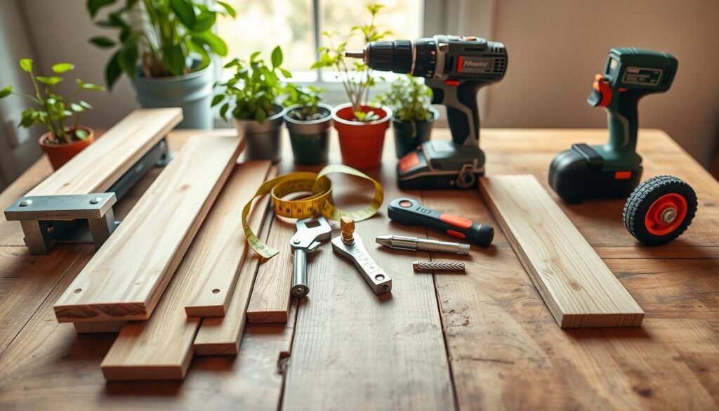 A beautifully arranged flat lay of essential materials and tools for a DIY rolling plant cart. In the foreground, a selection of sturdy wooden planks, metal brackets, durable caster wheels, and a power drill with drill bits. In the middle, a measuring tape and a square tool lie alongside a set of screwdrivers, all set on a rustic wood table. The background features soft sunlight filtering through a nearby window, illuminating a few potted plants to create a vibrant, airy atmosphere. The focus is sharp on the tools, while the lighting highlights the texture of the wood and the polished metal components, evoking a sense of creativity and inspiration for gardening enthusiasts. A beautifully arranged flat lay of essential materials and tools for a DIY rolling plant cart. In the foreground, a selection of sturdy wooden planks, metal brackets, durable caster wheels, and a power drill with drill bits. In the middle, a measuring tape and a square tool lie alongside a set of screwdrivers, all set on a rustic wood table. The background features soft sunlight filtering through a nearby window, illuminating a few potted plants to create a vibrant, airy atmosphere. The focus is sharp on the tools, while the lighting highlights the texture of the wood and the polished metal components, evoking a sense of creativity and inspiration for gardening enthusiasts.