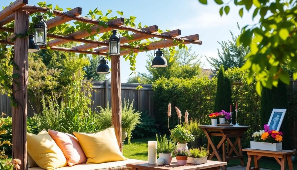 A beautifully arranged garden scene showcasing DIY decor elements for a backyard seating area. In the foreground, a cozy seating nook featuring a rustic wooden shade frame adorned with climbing vines and hanging lanterns. Bright cushions in soft pastels are scattered on the seat, providing inviting comfort. In the middle ground, a collection of handmade planters with vibrant flowers and herbs adds splashes of color. A small wooden table holds decorative items like candles and a framed photo. In the background, lush greenery and a clear blue sky enhance the serene atmosphere. The scene is illuminated by soft, warm sunlight filtering through the leaves, creating a tranquil and inviting ambiance, perfect for relaxing afternoons.