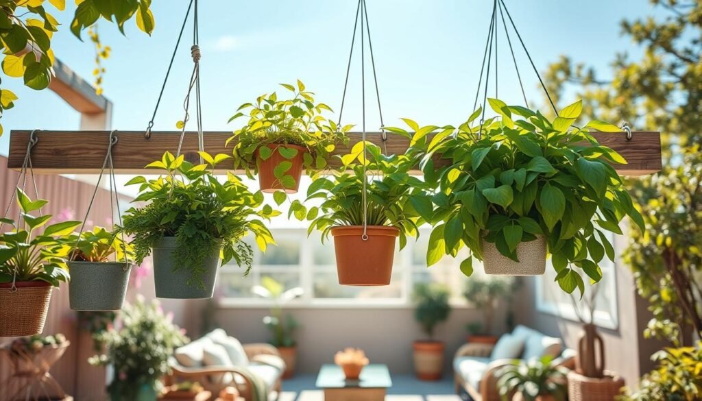 A beautifully arranged hanging plant display showcasing an outdoor garden space transformed by a DIY hanging plant beam. In the foreground, vibrant green leafy plants of varying sizes are suspended from a rustic wooden beam, each plant in stylish pots of different textures. The middle layer features a sunny, airy patio area with comfortable seating, surrounded by flowering plants and soft, natural décor elements like woven baskets. In the background, a clear blue sky and gentle trees sway in mild sunlight, creating a relaxing atmosphere. The scene is lit by warm, soft sunlight filtering through the leaves, giving a bright and inviting feel. Capture this idyllic moment from a slightly elevated angle to emphasize the layered greenery and inviting space.