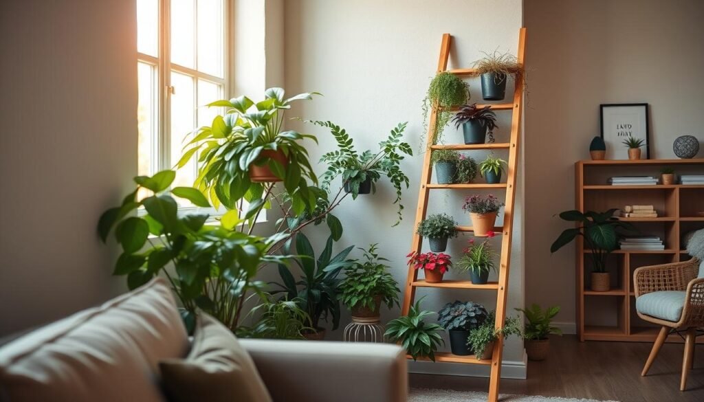 A beautifully arranged indoor ladder plant stand, crafted from natural wood, elegantly leaning against a textured wall. The stand showcases various vibrant potted plants, including lush ferns, cascading ivy, and colorful flowering plants, creating a lively indoor garden. Soft sunlight filters through a nearby window, casting warm, inviting light and enhancing the rich colors of the plants. The foreground features a cozy, well-decorated room with minimalistic furniture and a stylish rug, while the background highlights soft pastel walls and a shelf displaying books and decor items. The atmosphere is serene and inviting, perfect for a home environment, with a focus on natural beauty and the charm of indoor gardening.