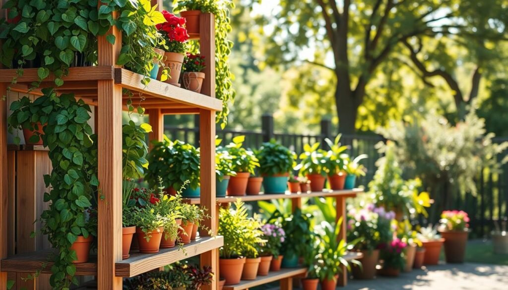 A beautifully arranged multi-level plant shelf overflowing with vibrant garden pots of various shapes and colors. In the foreground, the shelf structure is made of natural wood, exhibiting intricate grain details and a rustic charm. Each level displays a variety of lush, green plants, from cascading vines to vibrant flowering pots, creating a lively and inviting atmosphere. The middle ground features a softly blurred backdrop of a sunny garden, with dappled sunlight filtering through leafy trees, enhancing the serene vibe. The scene captures the essence of DIY creativity and natural beauty, illuminated by bright, warm sunlight that casts gentle shadows. Photographed at a slight angle to emphasize depth, the image invites viewers into a tranquil gardening world.