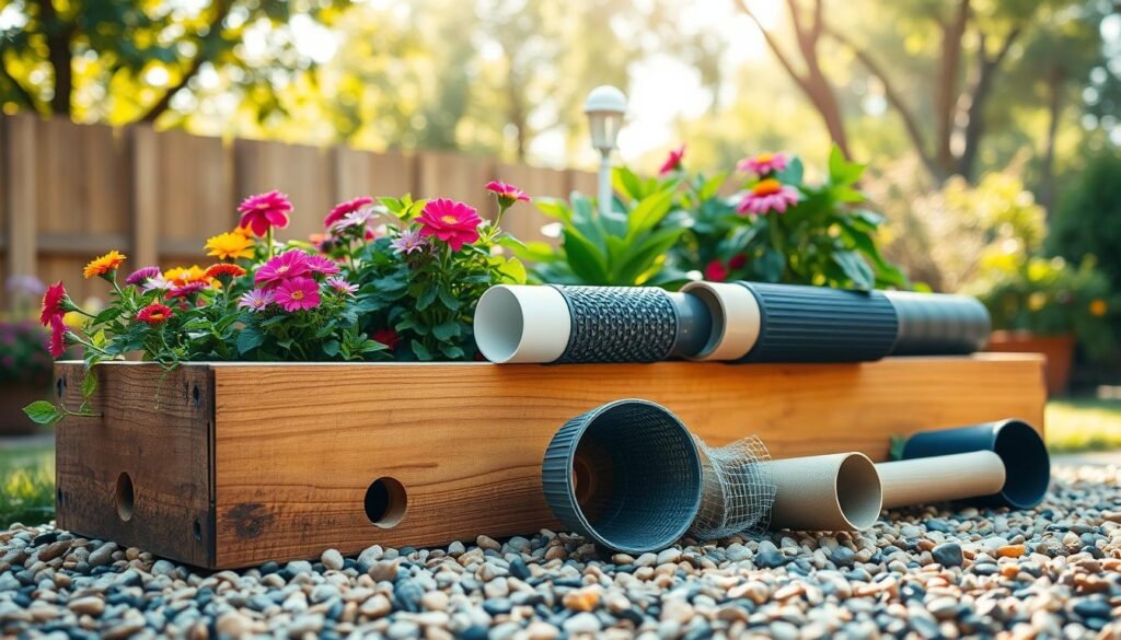 A beautifully arranged outdoor planter box showcasing essential drainage solutions for healthy plants. In the foreground, a wooden planter box filled with vibrant flowers and lush greenery sits on a gravel bed, with visible drainage holes and a layer of small stones enhancing water flow. In the middle, a variety of drainage materials, such as perforated pipes and mesh fabric, are artistically arranged to demonstrate their function. The background features a sunny backyard scene with soft sunlight filtering through leafy trees, casting gentle shadows. The atmosphere is fresh and inviting, suggesting a thriving garden environment. The composition captures a close-up view with a slight angle to emphasize the texture of the wood and the colorful plants, ensuring a bright, airy feel that highlights the importance of proper drainage in gardening.