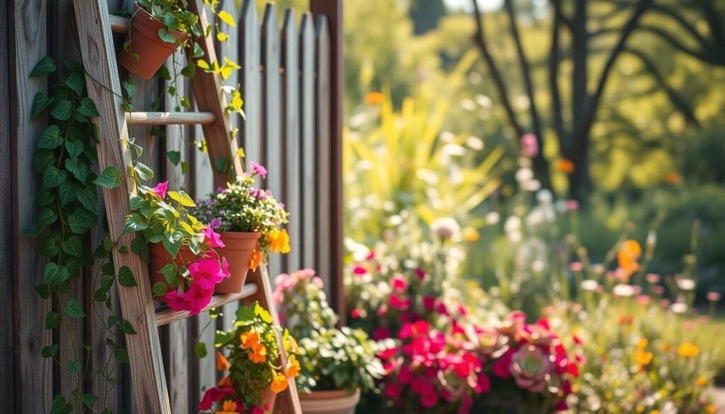 A beautifully arranged outdoor scene featuring a wooden garden ladder repurposed as a plant display. In the foreground, the ladder is adorned with vibrant pots of various plants, such as trailing ivy, blooming petunias, and colorful succulents. The middle ground highlights the ladder leaning against a rustic fence, with vibrant greenery and flowers surrounding it, creating a lush atmosphere. The background showcases a soft-focus garden with hints of wildflowers and trees basking in bright, natural sunlight. The scene is captured at a slight angle, emphasizing the layered arrangement of plants, with soft sunlight filtering through the leaves, creating an inviting and cheerful ambiance. The overall mood is fresh, airy, and perfect for inspiring DIY garden enthusiasts.