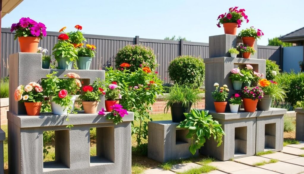 A beautifully arranged outdoor scene featuring budget-friendly cinder block shelves. In the foreground, sturdy gray cinder blocks form two multi-tiered shelves, displaying an assortment of vibrant garden pots filled with colorful flowers and lush greenery. The middle ground shows neatly arranged plants at different heights, casting soft shadows. The background features a sunny garden with a few flowering bushes and a clear blue sky, emphasizing an inviting atmosphere. The scene is captured in bright, natural light, highlighting the textures of the cinder blocks and the vivid colors of the plants. Use a slight angle to create depth, giving a sense of openness and airiness to the setup, enhancing the DIY spirit of the design.
