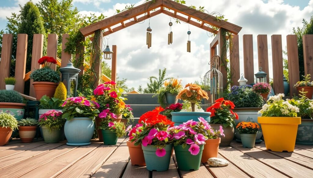 A beautifully arranged outdoor scene showcasing a variety of decorative garden pots and planters, placed around a charming wooden archway. In the foreground, vibrant pots filled with colorful blooming flowers and lush greenery sit on a wooden deck surrounded by painted stones. The middle ground features the archway adorned with climbing vines, fairy lights, and hanging wind chimes, inviting viewers into the garden. In the background, a bright sky filled with soft, fluffy clouds enhances the peaceful atmosphere. The scene is bathed in warm, natural light, casting gentle shadows that create depth. The focus is sharp, emulating a soft-focus lens effect to evoke a dreamy yet lively garden ambiance, emphasizing the decorative elements in a serene outdoor setting. A beautifully arranged outdoor scene showcasing a variety of decorative garden pots and planters, placed around a charming wooden archway. In the foreground, vibrant pots filled with colorful blooming flowers and lush greenery sit on a wooden deck surrounded by painted stones. The middle ground features the archway adorned with climbing vines, fairy lights, and hanging wind chimes, inviting viewers into the garden. In the background, a bright sky filled with soft, fluffy clouds enhances the peaceful atmosphere. The scene is bathed in warm, natural light, casting gentle shadows that create depth. The focus is sharp, emulating a soft-focus lens effect to evoke a dreamy yet lively garden ambiance, emphasizing the decorative elements in a serene outdoor setting.
