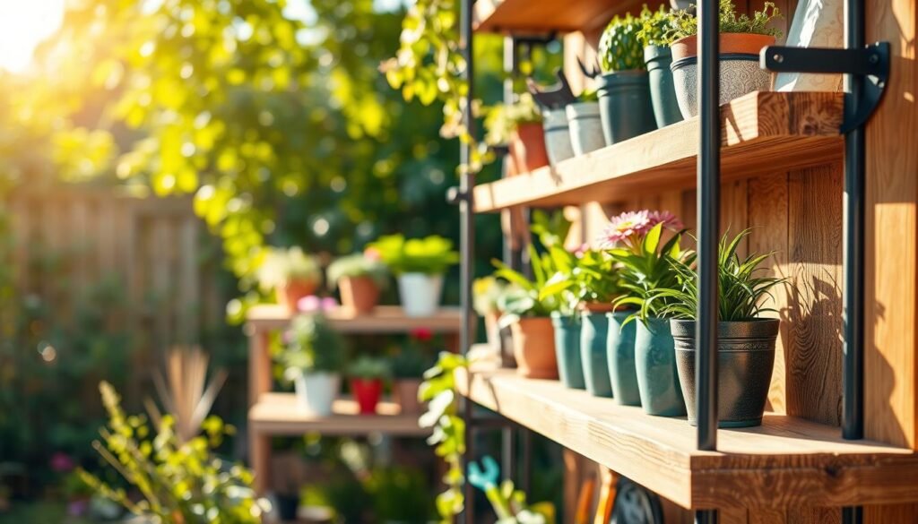 A beautifully arranged outdoor shelving unit made from sturdy, weather-resistant materials like treated wood, metal brackets, and decorative stones, showcasing various potted plants and gardening tools. In the foreground, a close-up view of the textured wood grain and metal accents, glistening in soft, natural sunlight. The middle layer features neatly organized potted plants in varying sizes, highlighting vibrant greens and floral colors, while a backdrop of a serene garden setting with lush greenery softly blurs out. Bright, airy atmosphere with warm sunlight filtering through leaves, casting gentle shadows. The overall mood is inviting and practical, embodying the essence of DIY garden organization.