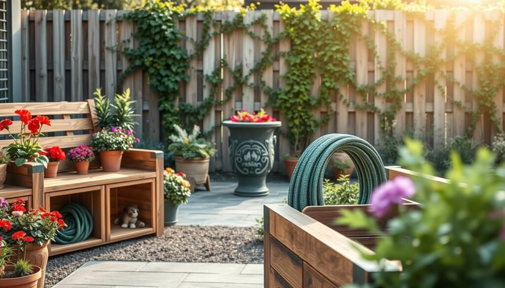 A beautifully arranged outdoor space showcasing creative hidden hose storage solutions. In the foreground, a stylishly crafted wooden garden bench with hidden compartments for hose storage, surrounded by vibrant flower pots and lush greenery. The middle ground features a stylish decorative pot with a neatly coiled hose, seamlessly blending with the garden's aesthetic. In the background, a well-maintained fence and vibrant climbing plants create a serene atmosphere. The scene is illuminated with bright, soft natural light, highlighting the textures of the wood and the colors of the plants. This artistic perspective captures the essence of a tidy, functional garden, evoking a sense of tranquility and organization.