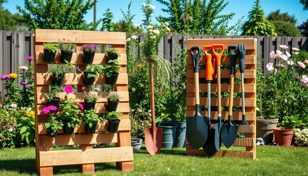 A beautifully arranged pallet garden storage solution set in a lush backyard. In the foreground, a rustic wooden pallet serves as a vertical garden rack, elegantly displaying an assortment of potted herbs and colorful flowers. The middle section features creatively stacked wooden pallets forming a compact tool organizer, holding shovels, rakes, and gardening gloves, with the textures of the wood highlighted by soft sunlight. In the background, a vibrant garden filled with blooming plants and a clear blue sky enhances the scene, evoking a sense of tranquility and organization. The lighting is bright and natural, creating a warm, inviting atmosphere ideal for DIY gardening enthusiasts. The image showcases a close-up angle, emphasizing the intricate details of the pallet crafts and greenery without any text or distractions.