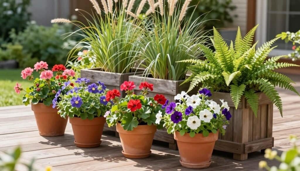 A beautifully arranged patio scene showcasing a variety of container and planter arrangements. In the foreground, vibrant, colorful flower pots filled with lush blooms, such as geraniums, petunias, and ferns, are positioned on a rustic wooden table. In the middle ground, larger planters made of clay and wood are filled with tall grasses and cascading plants, creating depth and interest. The background features a serene garden with greenery softly blurred, enhancing the focus on the containers. The scene is bathed in bright, natural sunlight, with soft shadows that add warmth and a peaceful atmosphere. The angle is a slightly elevated viewpoint, capturing the full splendor of the arrangements while inviting the viewer into this tranquil outdoor space.