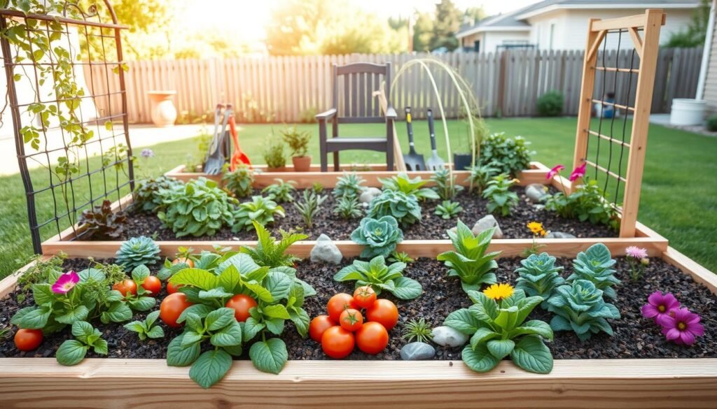 A beautifully arranged raised garden bed in a suburban backyard, showcasing various enhancements such as trellises, decorative stones, and companion plants. In the foreground, vibrant vegetables like tomatoes and lettuce are interspersed with colorful flowers, while natural wooden borders define the bed. In the middle ground, the raised bed is complemented by a small seating area with garden tools neatly organized nearby. The background features a well-maintained lawn and a distant fence, creating a cozy atmosphere. Soft, bright natural light bathes the scene, highlighting the textures of the soil and plants. The overall mood is serene and inviting, perfect for amateur gardeners looking for inspiration.