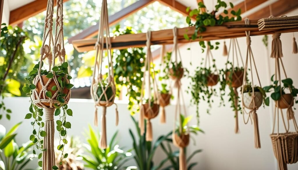 A beautifully arranged scene featuring modern macrame plant decor, showcasing intricate knotting and natural fibers in a light, airy setting. In the foreground, a stylish macrame plant hanger with vibrant green trailing vines is elegantly displayed, drawing attention to the craftsmanship. The middle ground features a sturdy wooden hanging beam suspended from above, adorned with additional macrame designs and various hanging plants, creating a layered aesthetic. The background consists of an outdoor garden with soft sunlight filtering through leaves, enhancing the natural vibe. The atmosphere is tranquil and inviting, evoking a sense of creativity and relaxation. The image is captured from a slightly elevated angle to emphasize the depth of the decor, with bright, natural lighting illuminating the scene.