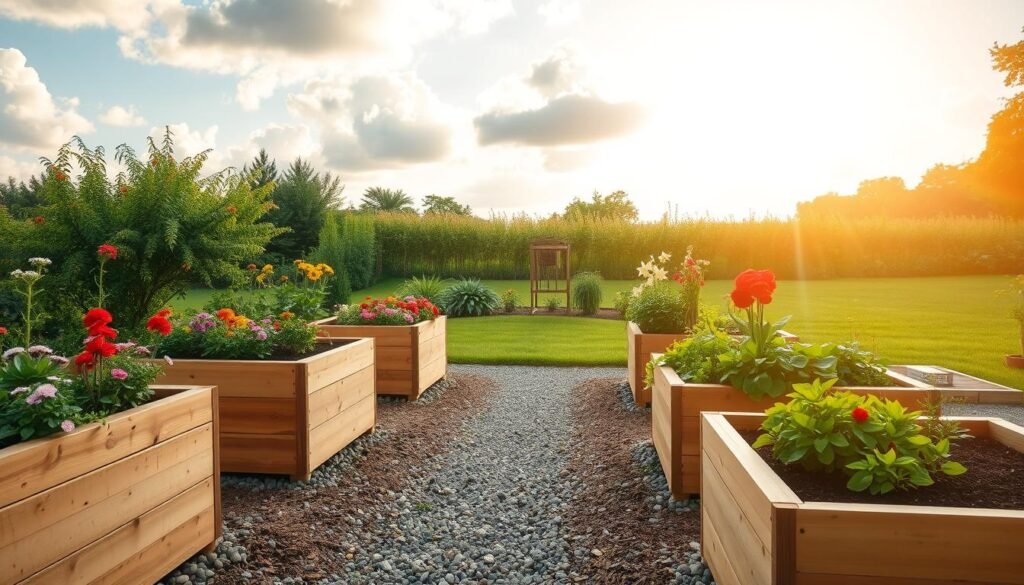 A beautifully arranged scene showcasing classic raised bed designs for a vegetable and flower garden in a backyard setting. In the foreground, feature multiple wooden raised beds made from untreated cedar, filled with vibrant seasonal flowers and lush vegetables. The middle ground should include carefully laid pathways of gravel, surrounded by freshly mulched soil and healthy plants. In the background, a lush green lawn fades into a sunny sky with soft, golden sunlight filtering through gentle clouds. The lighting creates a warm and inviting atmosphere, emphasizing the textures of the wood and the colors of the blooming flowers. Use a wide-angle lens to capture the entire layout, ensuring a bright and airy feel to the composition.