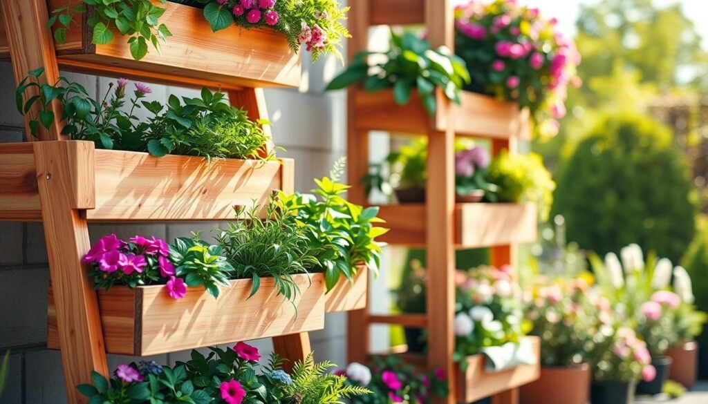 A beautifully arranged set of tiered planter boxes, expertly crafted from natural wood, filled with a vibrant array of plants in various shades of green and colorful blooms. In the foreground, the planter boxes showcase a ladder-like design, with each level filled to capacity, exemplifying optimal weight balance and shelf spacing. The middle section features soft sunlight filtering through the foliage, casting delicate shadows and highlighting the textures of the wood and the plants. In the background, a bright and airy garden ambiance is present, with blurred greenery and a hint of blue sky. The overall mood is serene and inviting, reflecting a well-maintained outdoor space perfect for plant lovers. The image captures the essence of careful planning and aesthetic appeal while remaining well-lit and vibrant.