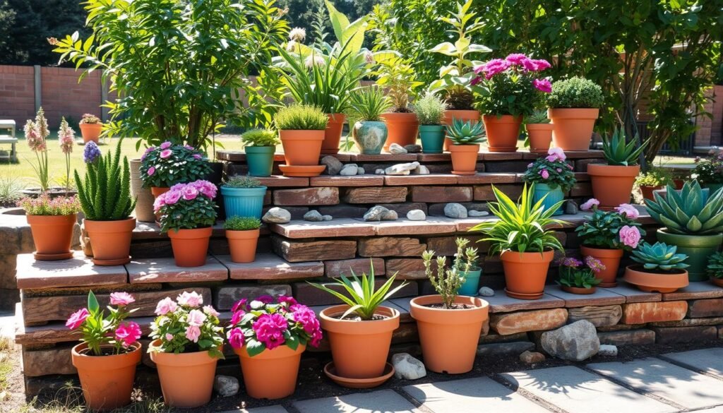 A beautifully arranged tiered plant display made from rustic bricks and decorative rocks, creatively showcasing a variety of vibrant garden pots in assorted colors and sizes. In the foreground, a collection of flowering plants in terracotta pots, complemented by lush greenery, creates an inviting atmosphere. The middle layer features elegantly stacked bricks forming natural shelves, while decorative rocks fill the gaps, enhancing the earthy aesthetic. In the background, a sunny garden landscape with soft sunlight filtering through leaves brings warmth to the scene. Capture the image from a slightly elevated angle to emphasize the tiers, with bright, natural light illuminating the plants and creating shadows that add depth, evoking a cozy and charming outdoor retreat.