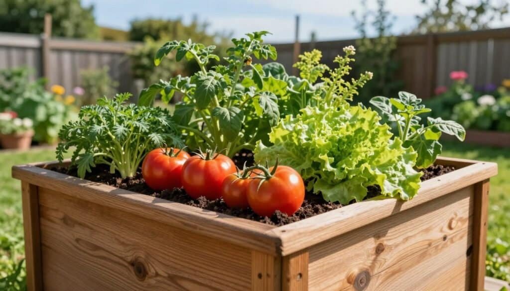 A beautifully arranged tiered planter box, showcasing an array of vibrant vegetables like tomatoes, lettuce, and herbs, set against a backdrop of a lush green backyard. In the foreground, detailed wooden structure of the planter is highlighted with textured wood grain and the rich soil is visible. The midground features healthy plants in various stages of growth, bathed in soft, natural sunlight that casts gentle shadows. The background includes a tranquil garden scene with a fence, blooming flowers, and a clear blue sky, enhancing the serene atmosphere. Capture the image from a slightly elevated angle, focusing on the intricate arrangement of plants and the warm, inviting feel of a sunny day, embodying the essence of backyard gardening enthusiasm.
