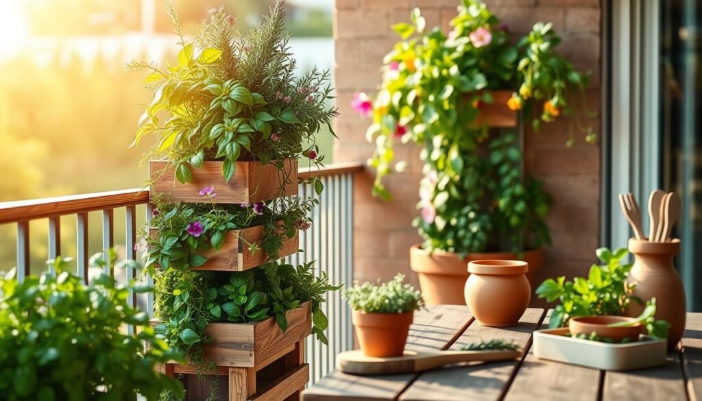 A beautifully arranged vertical herb garden designed for a balcony or patio setting, showcasing vibrant green herbs like basil, rosemary, and thyme cascading from stacked wooden planters. In the foreground, the planters are filled with lush greenery and colorful flowers, while in the background, a sunlit balcony railing is softly blurred, creating depth. The scene is bathed in warm, natural sunlight that filters through delicate leaves, highlighting the freshness of the herbs. A rustic wooden table may be subtly included, featuring terracotta pots and garden tools, enhancing the DIY aesthetic. The overall mood is inviting and serene, perfect for enhancing outdoor spaces. Shot with a shallow depth of field to emphasize the herb garden, maintaining clarity and focus. A beautifully arranged vertical herb garden designed for a balcony or patio setting, showcasing vibrant green herbs like basil, rosemary, and thyme cascading from stacked wooden planters. In the foreground, the planters are filled with lush greenery and colorful flowers, while in the background, a sunlit balcony railing is softly blurred, creating depth. The scene is bathed in warm, natural sunlight that filters through delicate leaves, highlighting the freshness of the herbs. A rustic wooden table may be subtly included, featuring terracotta pots and garden tools, enhancing the DIY aesthetic. The overall mood is inviting and serene, perfect for enhancing outdoor spaces. Shot with a shallow depth of field to emphasize the herb garden, maintaining clarity and focus.