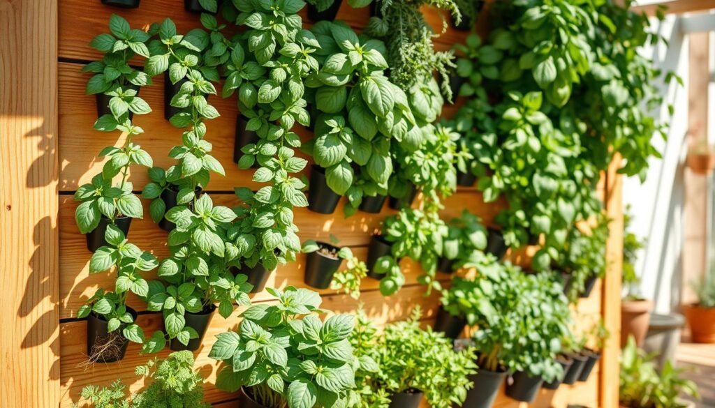 A beautifully arranged vertical herb wall made from natural wood panels, showcasing an abundance of lush, green herbs such as basil, thyme, mint, and rosemary. In the foreground, the herbs are neatly planted in small pots or pockets attached to the wall, with visible soil and roots for a vibrant, organic feel. The middle ground features a sunny garden setting with soft sunlight illuminating the leaves, casting gentle shadows for depth. The background includes blurred hints of a small, charming outdoor space, perhaps a patio or balcony. The overall atmosphere is fresh and inviting, emphasizing the practicality and beauty of a DIY project for small spaces, creating a serene and nurturing gardening vibe.