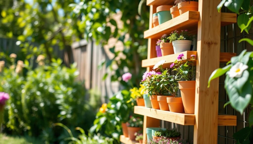 A beautifully arranged vertical tiered shelving unit crafted from natural wood, displaying an organized collection of garden pots in various sizes and colors, nestled among vibrant greenery. In the foreground, focus on the detailed textures of the wood, highlighting its craftsmanship. The middle section features the pots, some filled with blooming flowers, while others are neatly stacked, showcasing an appealing variety. In the background, a soft blurred garden setting with gentle sunlight filters through leaves, creating an inviting outdoor atmosphere. The scene is bathed in bright natural light, accentuating the warmth of the wood and the colorful pots. Capture the image from a slight angle to emphasize depth and dimension, evoking a sense of organization and tranquility in a DIY garden space.