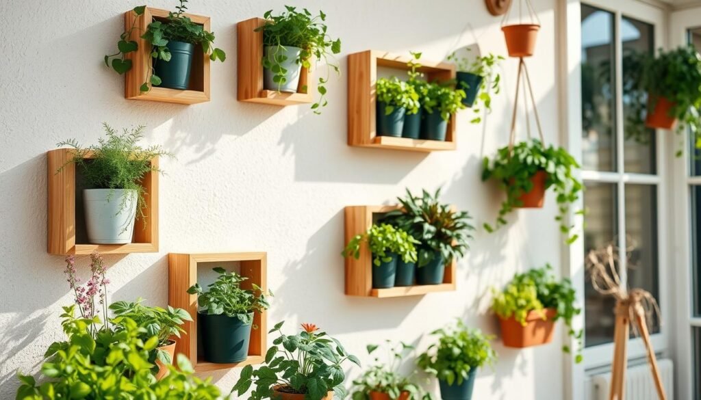 A beautifully arranged wall-mounted plant decor featuring various green plants in stylish wooden shelves. The foreground showcases multiple pots with vibrant herbs and flowers, nestled in minimalist, natural wood frames. The middle ground reveals the shelves mounted against a soft, textured wall, complemented by subtle hanging planters. The background includes soft, airy lighting filtering through a nearby window, casting gentle shadows that enhance the tranquil atmosphere. The scene is captured from a slightly elevated angle to showcase the layers of plants and wooden shelves in detail. The overall mood is fresh and inviting, emphasizing a DIY aesthetic perfect for outdoor spaces, illuminated by bright natural light that highlights the natural textures of the wood and greenery.