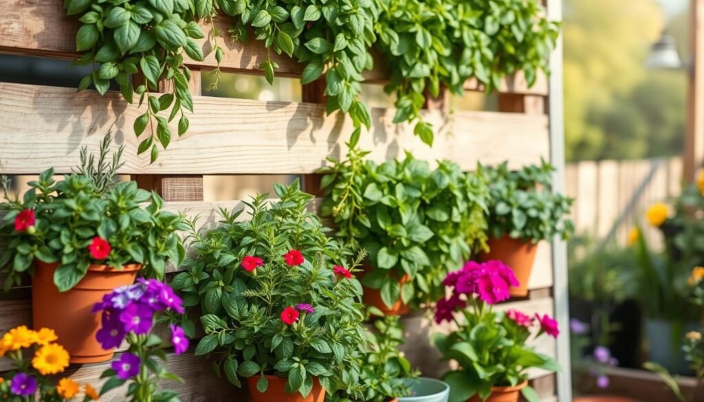A beautifully arranged wood pallet herb wall, featuring a variety of lush green herbs like basil, rosemary, and mint, cascading from the wooden slats. In the foreground, vibrant pots of colorful flowers add charm, while the soft texture of the weathered wood enhances the rustic appeal. The middle ground showcases the layered herbs, with intricate details evident in the leaves, displaying a sense of depth and abundance. The background is filled with a softly blurred garden setting, bathed in bright, natural light, casting gentle shadows that evoke an inviting atmosphere. The image exudes a serene and refreshing mood, perfect for a small space gardening project, shot from a slightly elevated angle to capture the full essence of the herb wall.