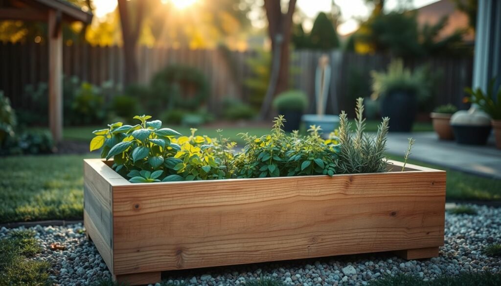 A beautifully arranged wooden herb garden featuring a classic raised bed design. In the foreground, a rectangular planter box made of weathered cedar wood filled with a variety of lush, green herbs including basil, thyme, and rosemary. The middle ground showcases neatly labeled herb sections, surrounded by a small gravel path for easy access. In the background, a serene backyard setting with soft, golden afternoon sunlight filtering through lightly swaying trees, creating a calm and inviting atmosphere. The composition captures the rich textures of the wood and vibrant greens of the herbs. The overall mood is tranquil, promoting the joy of gardening, with an emphasis on natural beauty and simple elegance. The scene is framed in a way that highlights depth, as if viewed from a slightly elevated angle. A beautifully arranged wooden herb garden featuring a classic raised bed design. In the foreground, a rectangular planter box made of weathered cedar wood filled with a variety of lush, green herbs including basil, thyme, and rosemary. The middle ground showcases neatly labeled herb sections, surrounded by a small gravel path for easy access. In the background, a serene backyard setting with soft, golden afternoon sunlight filtering through lightly swaying trees, creating a calm and inviting atmosphere. The composition captures the rich textures of the wood and vibrant greens of the herbs. The overall mood is tranquil, promoting the joy of gardening, with an emphasis on natural beauty and simple elegance. The scene is framed in a way that highlights depth, as if viewed from a slightly elevated angle.