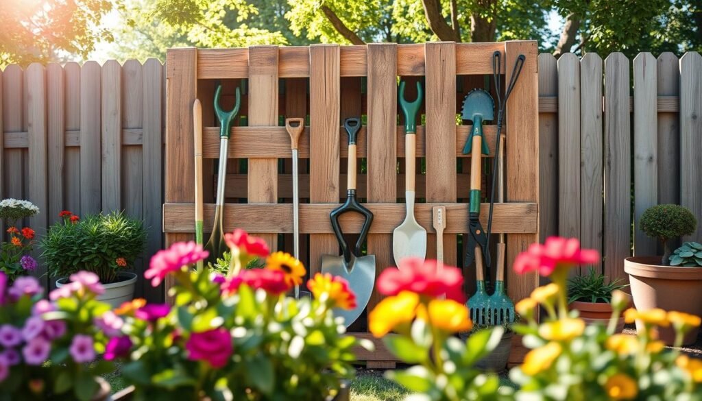A beautifully arranged wooden pallet garden storage unit, showcasing neatly stored gardening tools like shovels, rakes, and pruners. In the foreground, vibrant flower pots add color, while soft sunlight filters through nearby trees, casting gentle shadows. The middle ground features the rustic wooden pallet, aged and textured, positioned against a charming wooden fence. Small wooden signs indicating tool categories are subtly placed. The background reveals a lush, green garden space, enhancing the atmosphere of a well-organized backyard. The overall mood is inviting and practical, inviting DIY enthusiasts to envision their own creative garden storage solutions. The image is captured in bright natural light, creating an airy, well-lit environment with a shallow depth of field focusing on the pallet unit.