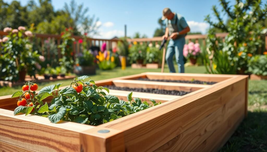A beautifully constructed DIY cedar raised garden bed in a lush backyard setting, showcasing the intricate wood grain and rich color of the cedar planks. The foreground features the raised garden bed, filled with vibrant green plants and vegetables like tomatoes and lettuce. In the middle ground, a gardener is assembling the bed, wearing casual but professional clothing, with tools like a drill and measuring tape nearby. The background includes a picturesque garden with blooming flowers and a bright blue sky, illuminated by soft natural sunlight that gives the scene a warm and inviting atmosphere. The angle captures a slightly elevated view, emphasizing the depth and detail of the garden bed.