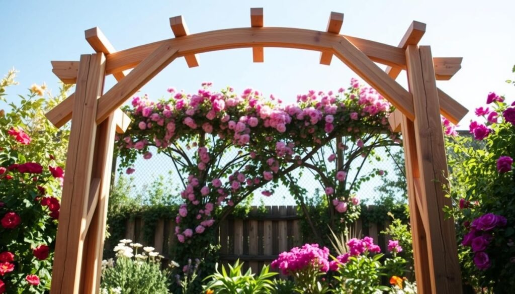 A beautifully constructed DIY garden archway made from natural wood, positioned in a vibrant garden. In the foreground, focus on the archway frame made of sturdy, rustic wooden beams, showcasing meticulous craftsmanship with visible joints and crossbeams. The middle layer features a lush backdrop of blooming flowers in various colors, intertwined with climbing vines that elegantly wrap around the arch. In the background, a clear blue sky allows soft sunlight to filter through, casting gentle shadows on the ground. The image should capture a serene and inviting atmosphere, illustrating a perfect entry feature for a charming garden. The shot is taken from a slightly low angle to emphasize the height and beauty of the archway, with bright natural light enhancing the warmth of the wooden structure. A beautifully constructed DIY garden archway made from natural wood, positioned in a vibrant garden. In the foreground, focus on the archway frame made of sturdy, rustic wooden beams, showcasing meticulous craftsmanship with visible joints and crossbeams. The middle layer features a lush backdrop of blooming flowers in various colors, intertwined with climbing vines that elegantly wrap around the arch. In the background, a clear blue sky allows soft sunlight to filter through, casting gentle shadows on the ground. The image should capture a serene and inviting atmosphere, illustrating a perfect entry feature for a charming garden. The shot is taken from a slightly low angle to emphasize the height and beauty of the archway, with bright natural light enhancing the warmth of the wooden structure.