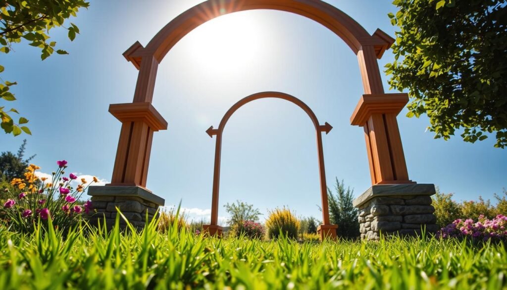 A beautifully constructed garden archway foundation, showcasing a sturdy wooden base with stone supports, positioned in a vibrant garden. In the foreground, rich green grass and colorful flowers surround the foundation, emphasizing the initial steps of DIY construction. The middle ground features the rising archway, crafted with elegant curves, ready for climbing plants. In the background, a clear blue sky and soft, diffuse sunlight illuminate the scene, creating a warm, inviting atmosphere. The angle captures the structure from a low perspective, highlighting its height and intricate details. This image focuses on the foundational elements, conveying a sense of craftsmanship and dedication to garden design. A beautifully constructed garden archway foundation, showcasing a sturdy wooden base with stone supports, positioned in a vibrant garden. In the foreground, rich green grass and colorful flowers surround the foundation, emphasizing the initial steps of DIY construction. The middle ground features the rising archway, crafted with elegant curves, ready for climbing plants. In the background, a clear blue sky and soft, diffuse sunlight illuminate the scene, creating a warm, inviting atmosphere. The angle captures the structure from a low perspective, highlighting its height and intricate details. This image focuses on the foundational elements, conveying a sense of craftsmanship and dedication to garden design.
