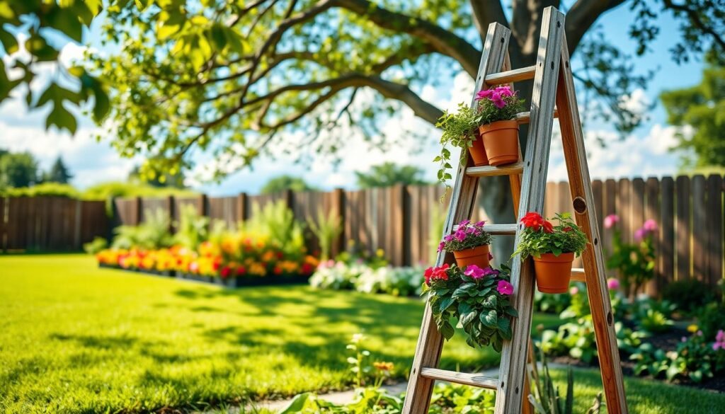 A beautifully constructed garden ladder stand, made of weathered wood, placed prominently in a lush outdoor setting. In the foreground, the ladder is adorned with vibrant potted plants, including cascading ivy, colorful geraniums, and aromatic herbs, adding pops of color and texture. In the middle ground, gently blurred green grass and blooming flower beds create a serene backdrop, while a wooden fence and large trees frame the scene. The background features a clear blue sky with soft, fluffy clouds, capturing the essence of a bright and sunny day. The image is well-lit with soft sunlight filtering through the leaves, casting gentle shadows and enhancing the warm, inviting atmosphere of a DIY garden space. The camera angle is slightly elevated, showcasing the ladder's height and versatility as a unique plant display solution.