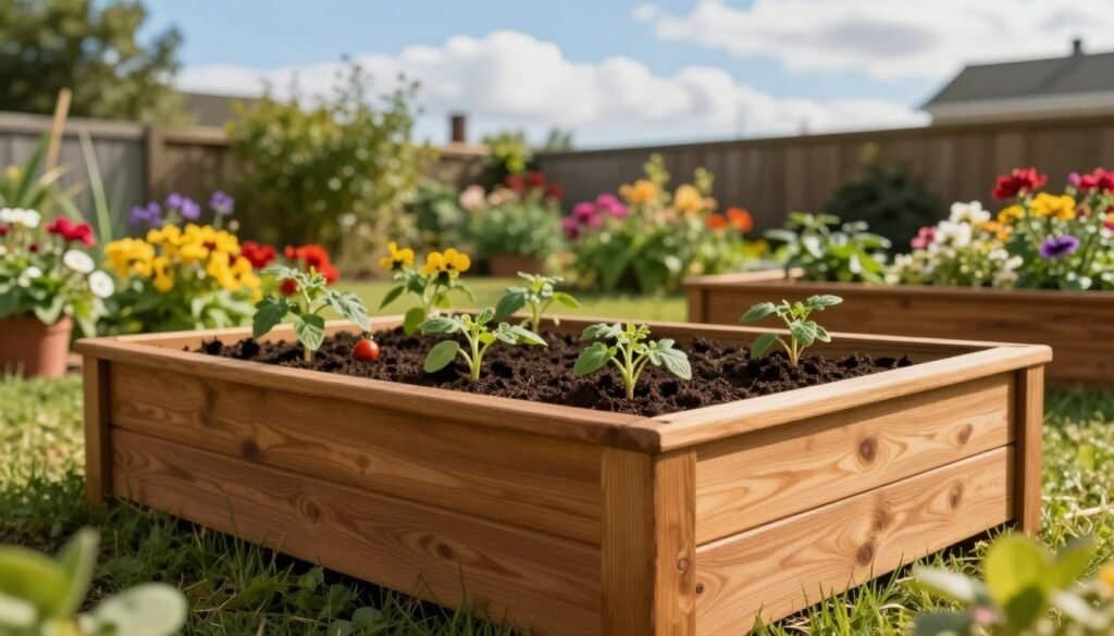 A beautifully constructed raised garden bed frame, made of rich, warm-toned wood, sits prominently in the foreground, showcasing its crisp edges and natural grain. The frame is filled with lush, vibrant soil, ready for planting, with small seedlings of tomatoes and cucumbers visible at the surface. In the middle ground, a well-tended backyard is adorned with an array of colorful flowers, creating a burst of color against the greenery. The background features a clear blue sky with fluffy white clouds, bathed in soft, warm sunlight, creating an inviting atmosphere. The image captures the essence of DIY gardening, evoking a sense of tranquility and accomplishment. The composition is framed using a slightly elevated angle, emphasizing the raised bed’s unique height and accessibility, ideal for beginning gardeners.