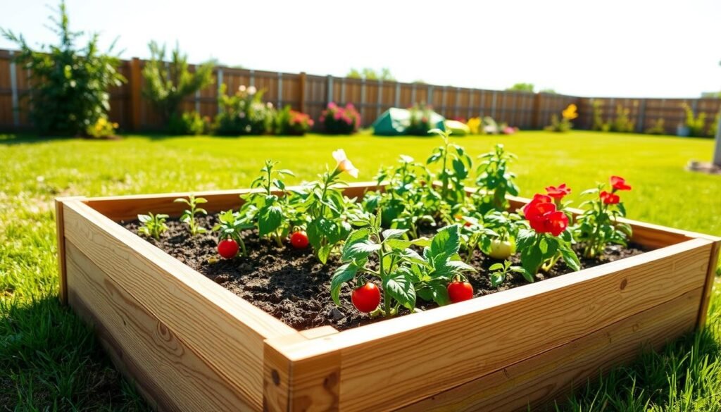 A beautifully constructed raised garden bed in a sunny backyard setting, showcasing a well-planned rectangular design measuring 4 feet by 8 feet, with a height of 2 feet. In the foreground, the wooden boards are made from treated cedar, displaying a rich honey-brown color with visible wood grain and rustic texture. The bed is filled with lush green soil, dotted with vibrant vegetable seedlings like tomatoes and peppers, suggesting a thriving garden. In the middle ground, blooming flowers and soft herbs like basil and parsley provide color and aroma. The background features a sunlit lawn under a clear blue sky, creating an inviting atmosphere. Illuminated by soft sunlight, the scene conveys a sense of calm and inspiration for new gardeners, inviting them to visualize their own projects.