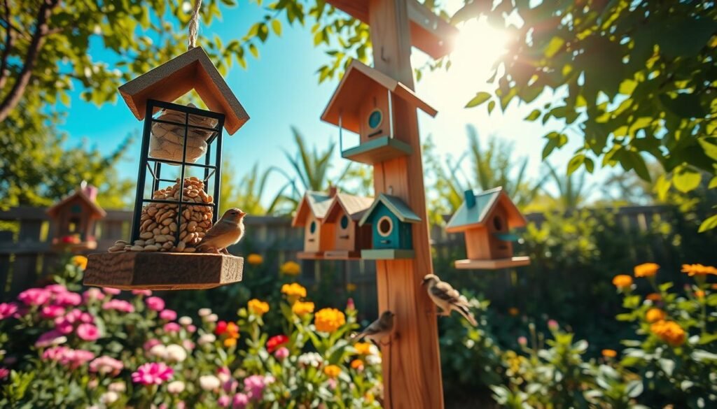 A beautifully crafted DIY bird feeder hanging from a rustic wooden birdhouse post in a vibrant garden setting. The foreground features the intricate details of the bird feeder made from repurposed materials like wood and metal, adorned with sunflower seeds. In the middle, the post showcases its sturdy construction, with various functional bird feeders attached, each uniquely designed, inviting a variety of birds. The background displays a lush garden filled with blooming flowers and greenery, under a bright blue sky with soft, natural sunlight filtering through the leaves. The atmosphere is cheerful and serene, evoking a sense of harmony with nature. The scene is captured with a wide-angle lens for a deeper perspective, highlighting the beauty of backyard wildlife.