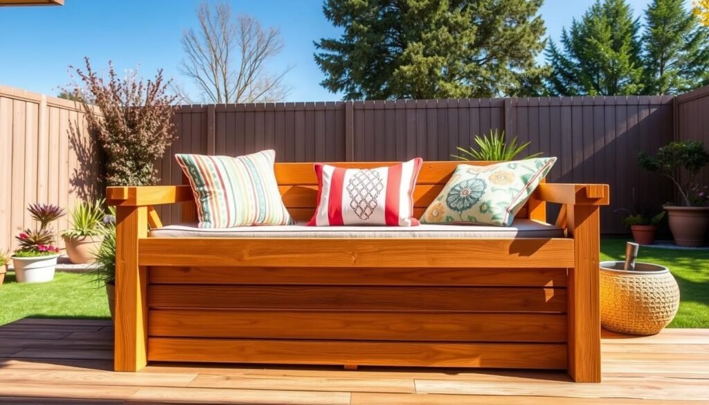 A beautifully crafted DIY deck storage bench, made from natural wood, with a sturdy design featuring a spacious top that lifts to reveal ample storage for garden tools and cushions. In the foreground, show the bench adorned with colorful outdoor cushions, providing a cozy touch. The middle ground includes a well-maintained backyard with potted plants and decorative landscaping. In the background, a sunny day with a clear blue sky filters soft sunlight onto the scene, enhancing the inviting atmosphere. Capture the image from a slight angle, showcasing the depth of the storage bench and the surrounding greenery. The overall mood is warm and inviting, emphasizing the charm of outdoor living and practical, stylish home décor.