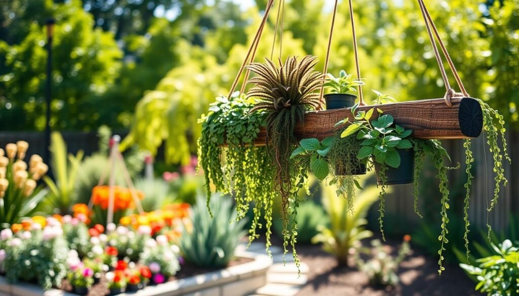 A beautifully crafted DIY hanging plant display in an outdoor garden setting. In the foreground, showcase a rustic wooden beam suspended from sturdy ropes, adorned with an array of vibrant potted plants, such as ferns and trailing vines. The middle ground features a neatly landscaped garden with colorful flowers and greenery, blending harmoniously with the plant display. In the background, soft, sun-drenched foliage creates a tranquil atmosphere, enhancing the scene’s natural beauty. Use bright, natural lighting to capture the essence of a warm, sunny day, casting gentle shadows that add depth. The composition should evoke a sense of serenity and creativity, inviting viewers to envision their own outdoor gardening projects.