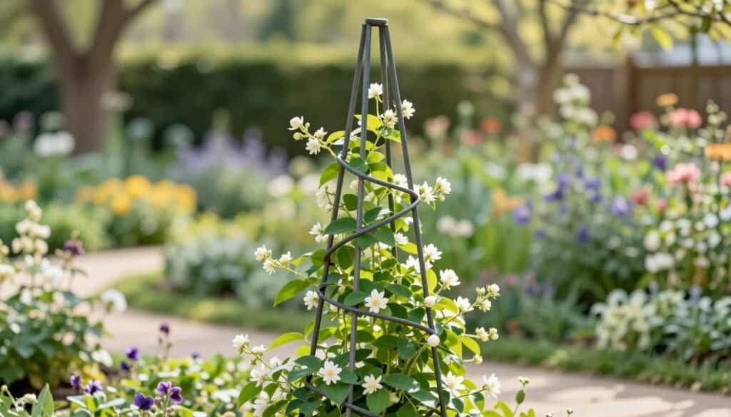 A beautifully crafted DIY metal obelisk trellis stands prominently at the forefront, showcasing its elegant design with slender, angular metal rods forming a spiraling shape. In the middle ground, lush climbing plants like jasmine and sweet peas entwine around the trellis, their vibrant green leaves contrasting with the metallic structure. The background features a serene garden scene, with soft-focus flower beds in varying hues, bathed in bright natural light. The setting conveys a tranquil atmosphere, enhanced by soft sunlight filtering through nearby trees, casting gentle shadows. The scene is captured with a shallow depth of field, focusing on the trellis, while maintaining a lush, inviting garden ambiance.