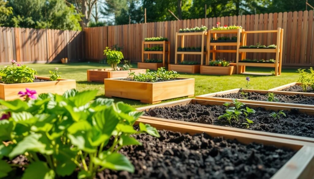 A beautifully crafted DIY raised garden bed set in a sunny backyard, showcasing diverse plants arranged thoughtfully for optimal weight balance and space efficiency. In the foreground, close-up shots of rich, dark soil nestled in wooden planter boxes, with lush green leaves and vibrant flowers peeking out. The middle ground features a neatly arranged series of elevated beds at various heights, demonstrating clever shelf spacing. In the background, a well-maintained lawn and a wooden fence bathed in soft sunlight enhance the scene. The lighting is bright and airy, casting gentle shadows that create a warm, inviting atmosphere. The image captures the essence of backyard gardening efficiency and creativity, with a focus on nature's beauty and DIY craftsmanship.