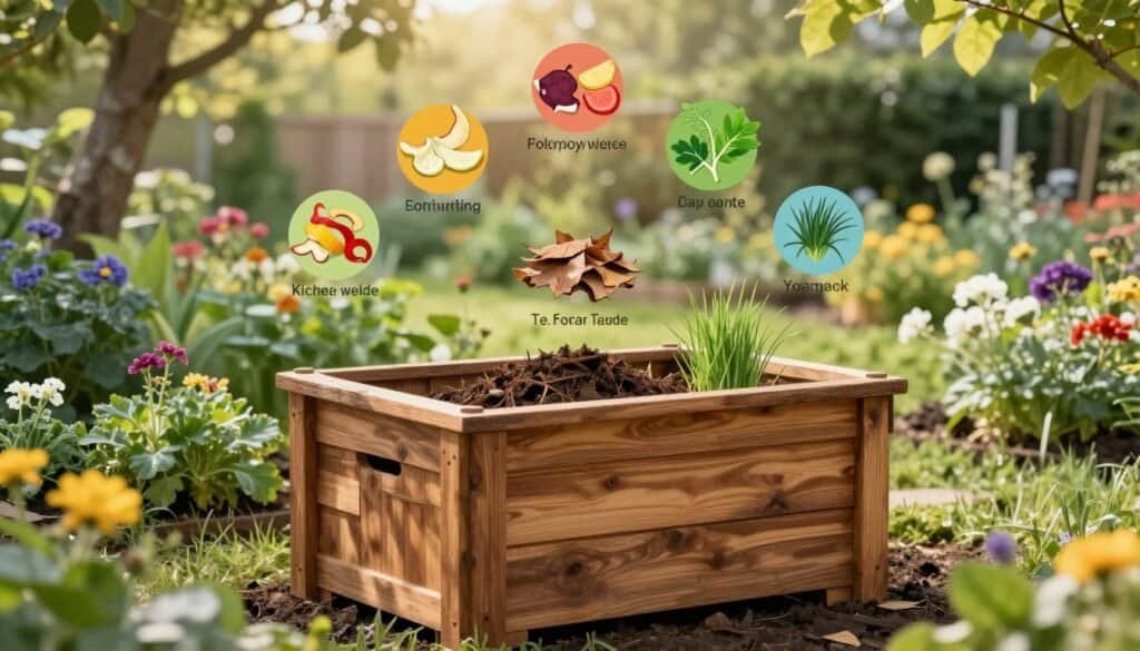A beautifully crafted DIY wooden compost bin sits prominently in the foreground, made of rich, weathered cedar with a construction that emphasizes sustainability. Surrounding the compost bin, lush green plants and garden flowers bloom, showcasing a healthy ecosystem. In the middle, various colorful composting tips, depicted as vibrant visual elements like kitchen scraps (fruit peels, vegetable scraps) and yard waste (dry leaves, grass clippings) are artistically arranged, demonstrating effective composting practices. In the background, a sunny garden setting with soft, airy lighting filters through trees, casting gentle shadows and creating a warm, inviting atmosphere. The scene should evoke a sense of harmony with nature and encourage an eco-friendly lifestyle, capturing the essence of sustainable gardening without any text or distractions.
