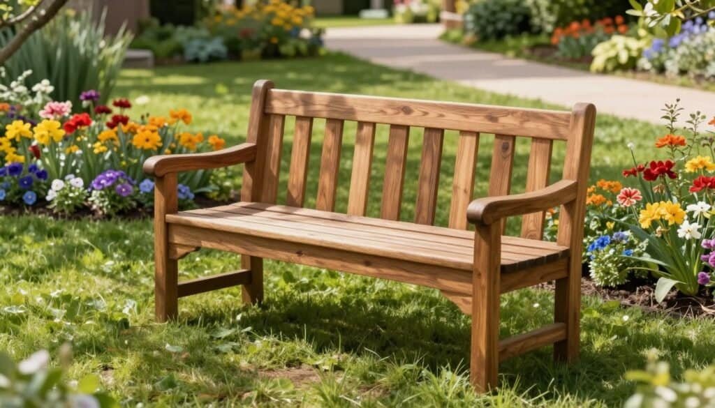 A beautifully crafted DIY wooden garden bench sits in the foreground, made from smooth, rich-toned timber with visible grain patterns. The bench, designed for comfort and relaxation, features clean lines and a simple, sturdy structure. In the middle ground, vibrant flower beds burst with color, surrounded by lush green grass. Sunlight filters through the leaves of nearby trees, casting gentle dappled shadows across the scene, enhancing the serene ambiance. In the background, a soft-focus view of a tranquil garden path meanders, inviting one to sit and unwind. The atmosphere is peaceful and inviting, evoking a sense of calm and connection with nature. Shot in bright natural light with a slightly elevated angle to capture the fullness of the setting.