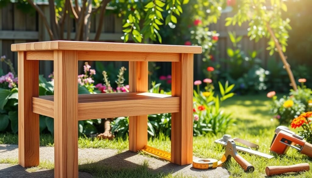 A beautifully crafted DIY wooden garden side table, prominently displayed in the foreground, showcasing its natural wood grain and smooth finish. The table features a simple yet elegant design with sturdy legs and a spacious top. Surrounding the table are essential tools for the DIY project, such as a tape measure, a saw, and a hammer, arranged neatly to emphasize the crafting process. In the middle ground, a lush green garden setting enhances the scene, with colorful flowers and plants adding a touch of vibrancy. The background consists of a serene backyard with soft sunlight filtering through the leaves, creating a warm and inviting atmosphere. The image is bathed in bright natural light, capturing the texture of the wood while conveying a sense of creativity and relaxation. A beautifully crafted DIY wooden garden side table, prominently displayed in the foreground, showcasing its natural wood grain and smooth finish. The table features a simple yet elegant design with sturdy legs and a spacious top. Surrounding the table are essential tools for the DIY project, such as a tape measure, a saw, and a hammer, arranged neatly to emphasize the crafting process. In the middle ground, a lush green garden setting enhances the scene, with colorful flowers and plants adding a touch of vibrancy. The background consists of a serene backyard with soft sunlight filtering through the leaves, creating a warm and inviting atmosphere. The image is bathed in bright natural light, capturing the texture of the wood while conveying a sense of creativity and relaxation.