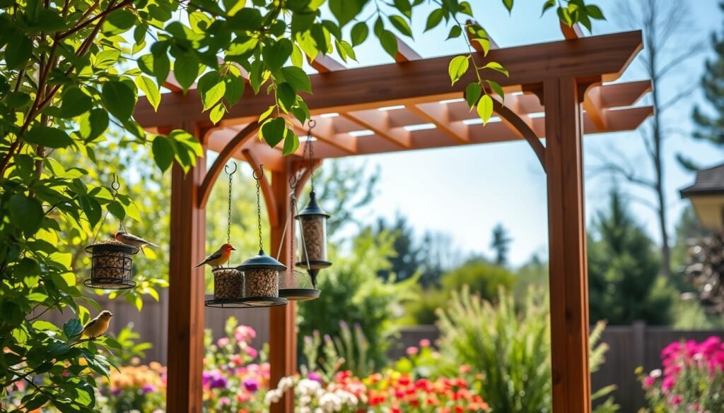 A beautifully crafted bird feeder arbor stands in a vibrant backyard garden, displaying intricate woodwork with a rich finish. The foreground showcases various bird feeders hanging from the arbor, filled with seeds, while colorful songbirds perch nearby, pecking at the food. In the middle ground, lush green foliage and flowering plants surround the arbor, enhancing the natural ambiance. Soft, dappled sunlight filters through the leaves, creating a warm and inviting atmosphere. The background features a clear blue sky and the faint outlines of distant trees, adding depth to the scene. Capture this image from a slightly elevated angle to showcase the grandeur of the arbor against the harmonious garden setting, emphasizing a serene and cheerful mood.