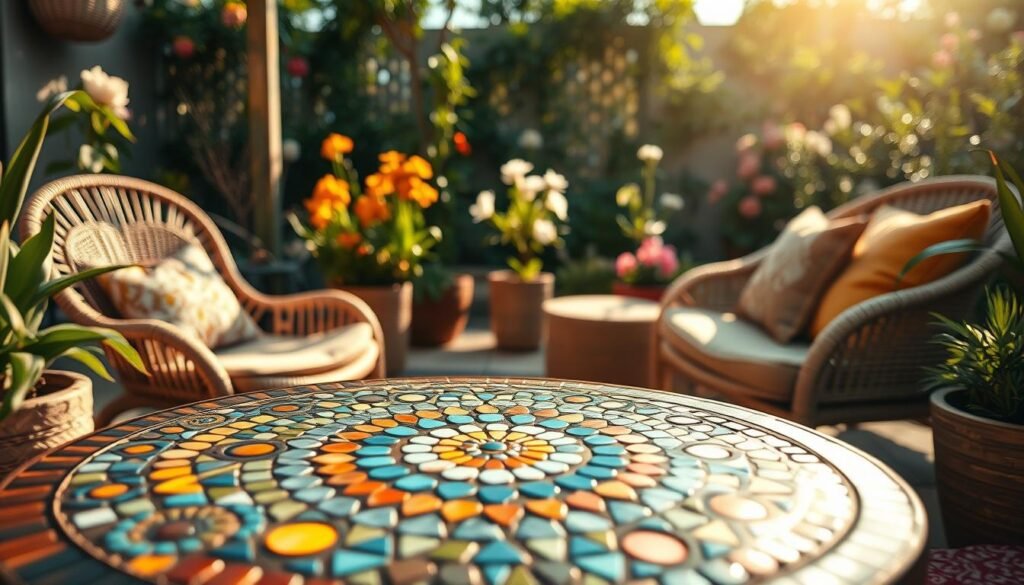 A beautifully crafted boho-inspired mosaic table, set in a cozy garden seating area. The table features a vibrant, intricate design made of ceramic tiles in earthy tones, blues, and greens, creating a stunning visual impact. In the foreground, showcase the table with a shallow depth of field, capturing the texture of the mosaic and its unique patterns. In the middle ground, include comfortable seating options like a woven rattan chair and decorative outdoor cushions in warm, earthy colors. The background should depict a lush garden with aromatic plants and flowers basking in soft, natural sunlight, enhancing the serene ambiance. The lighting is bright, creating a cheerful and inviting atmosphere. The angle should be a slightly elevated perspective, showcasing the entire table as the centerpiece of this charming outdoor space. A beautifully crafted boho-inspired mosaic table, set in a cozy garden seating area. The table features a vibrant, intricate design made of ceramic tiles in earthy tones, blues, and greens, creating a stunning visual impact. In the foreground, showcase the table with a shallow depth of field, capturing the texture of the mosaic and its unique patterns. In the middle ground, include comfortable seating options like a woven rattan chair and decorative outdoor cushions in warm, earthy colors. The background should depict a lush garden with aromatic plants and flowers basking in soft, natural sunlight, enhancing the serene ambiance. The lighting is bright, creating a cheerful and inviting atmosphere. The angle should be a slightly elevated perspective, showcasing the entire table as the centerpiece of this charming outdoor space.