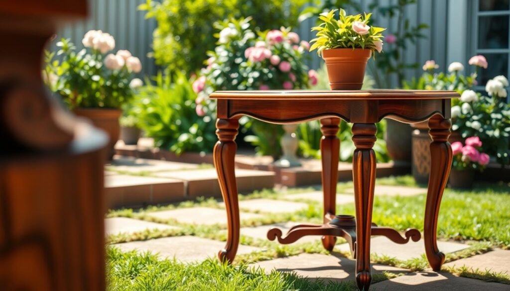 A beautifully crafted classic wooden side table, made from rich mahogany with elegant carvings on the legs and smooth, polished surface. The foreground features a close-up view of the table, showcasing intricate wood grain patterns and a small potted plant on top, adding a touch of greenery. In the middle ground, the side table is bathed in soft, natural light, highlighting its warm tones and texture. The background gently fades into a pleasant garden scene with lush greenery and blooming flowers, creating a serene outdoor atmosphere. The overall mood is inviting and tranquil, evoking a sense of relaxation in a cozy backyard setting. The image is captured using a wide-angle lens for depth, with bright, soft sunlight illuminating the scene perfectly. No captions or watermarks are included.