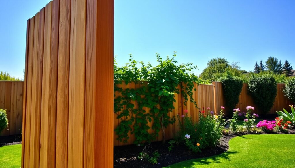 A beautifully crafted cypress fence privacy screen stands tall in a serene backyard setting. In the foreground, the textured wood grain of the cypress reflects the soft sunlight, highlighting its natural beauty and warm hues. In the middle, the fence is adorned with lush green climbing vines, enhancing the sense of seclusion. In the background, a vibrant garden filled with colorful flowers and a manicured lawn completes the scene, while a clear blue sky provides a perfect backdrop. The lighting is bright and airy, casting gentle shadows that create depth. The image captures a tranquil and peaceful atmosphere, ideal for illustrating the concept of privacy in outdoor spaces.